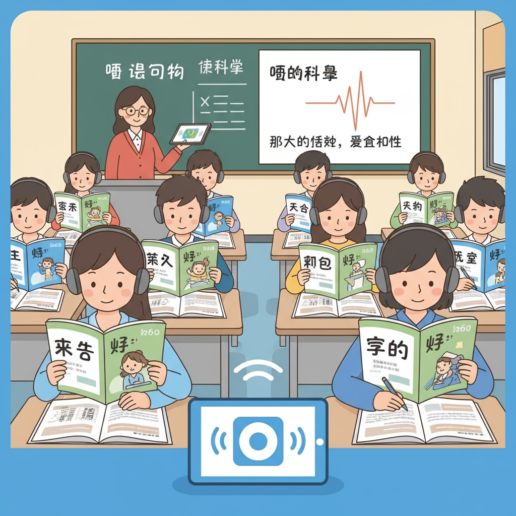 Students are listening attentively to audiobooks during a Chinese language class, with textbooks open on their desks. Students listening to audiobooks in a Chinese language class to enhance reading fluency