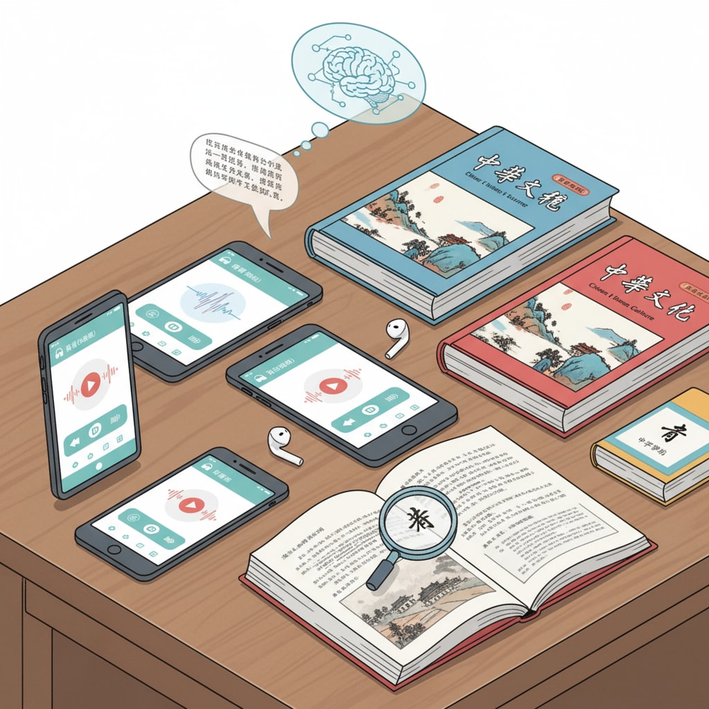 A collection of modern audiobook devices such as smartphones, tablets, along with Chinese textbooks, showing the coexistence of digital and traditional learning materials. A variety of audiobook devices and Chinese textbooks representing the new and old in Chinese language teaching