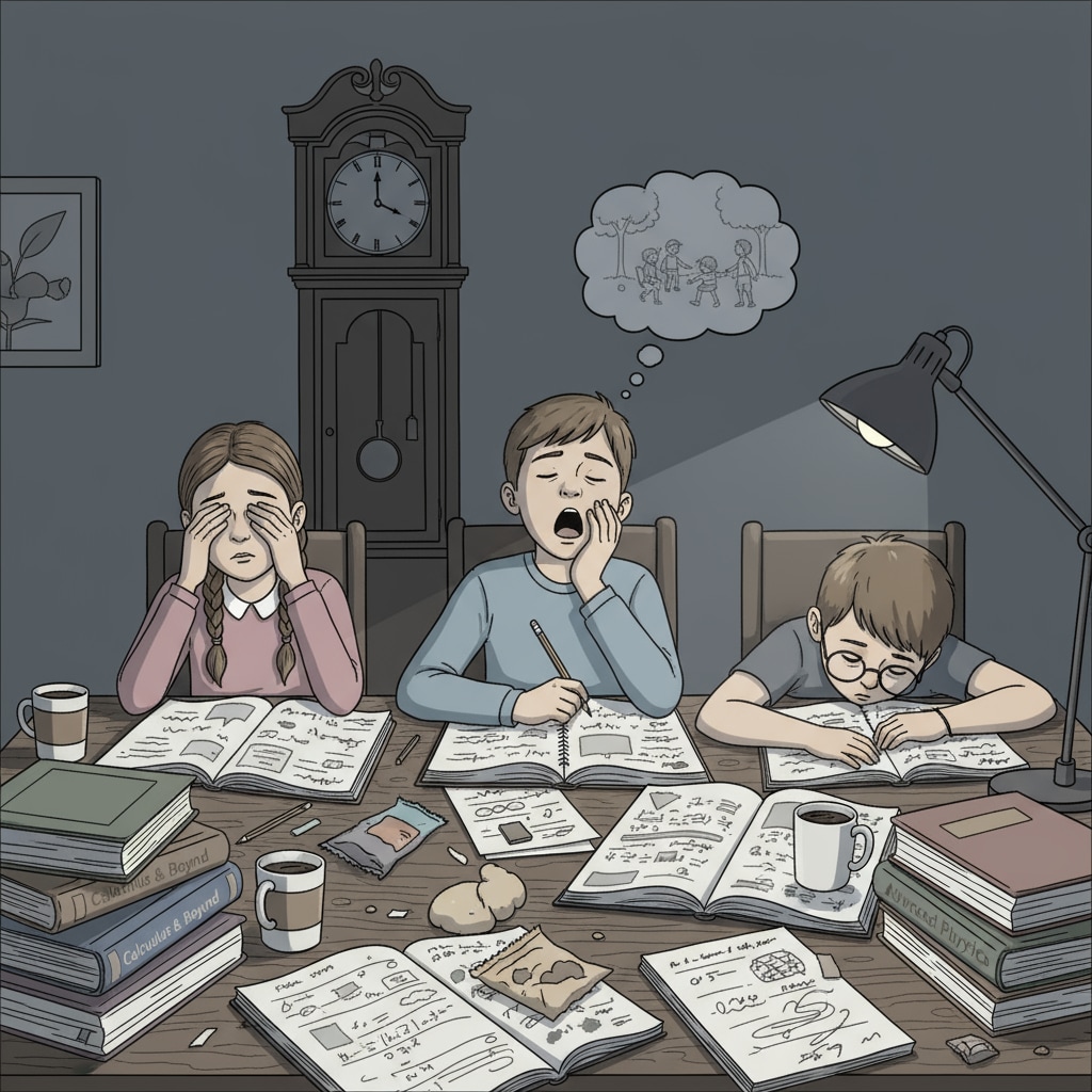 Children are sitting at a desk, surrounded by textbooks and notebooks. They look tired while doing their homework, emphasizing the burden of homework on children's free time. Children doing homework, highlighting the issue of homework and children's free time.