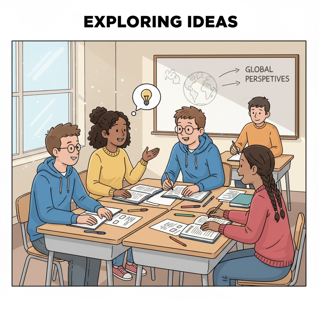 A group of high school students engaged in a lively discussion in a classroom setting, with books and papers scattered on the desks, representing the exploration of ideas and learning. High school students discussing logical fallacies, critical thinking, and propaganda recognition in a classroom