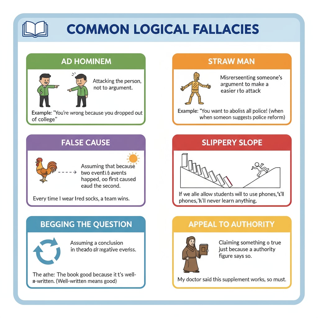 A visual chart that displays various common logical fallacies with simple explanations and examples, helping to visually represent the complex nature of fallacies. Visual representation of common logical fallacies for better understanding in the context of critical thinking and propaganda recognition