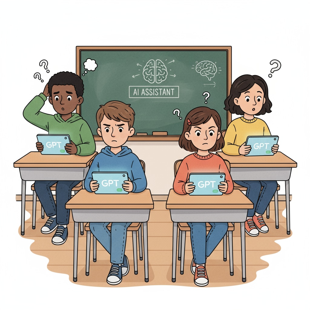 A group of K12 students sitting at desks, looking confused while using a device with ChatGPT interface. K12 students confused about using ChatGPT in academic tasks