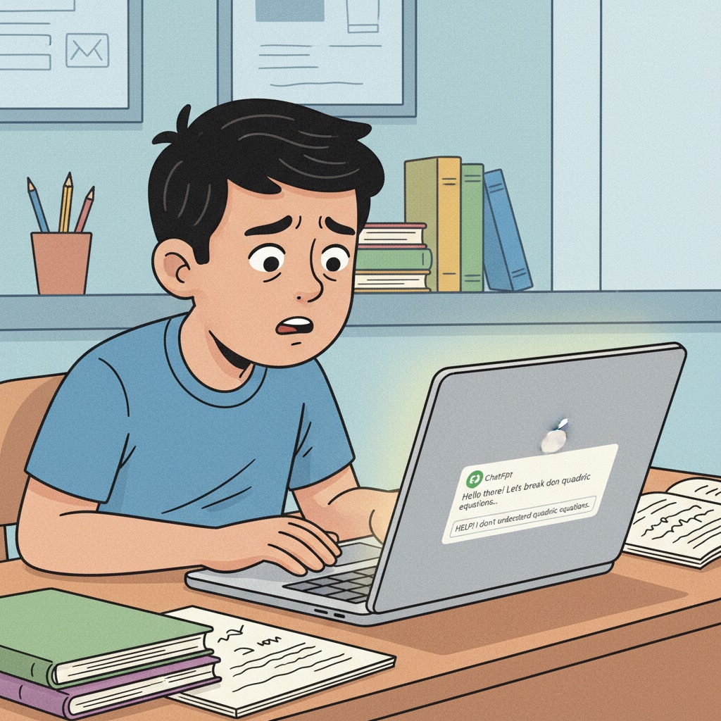 A student looking worried while typing on a laptop with ChatGPT open. Student feeling guilty while using ChatGPT for academics