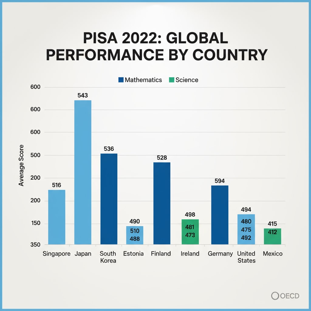 A graph presenting the performance of different countries in PISA tests, showing their scores in reading, mathematics, and science. Graph of PISA test performance of different countries related to education data