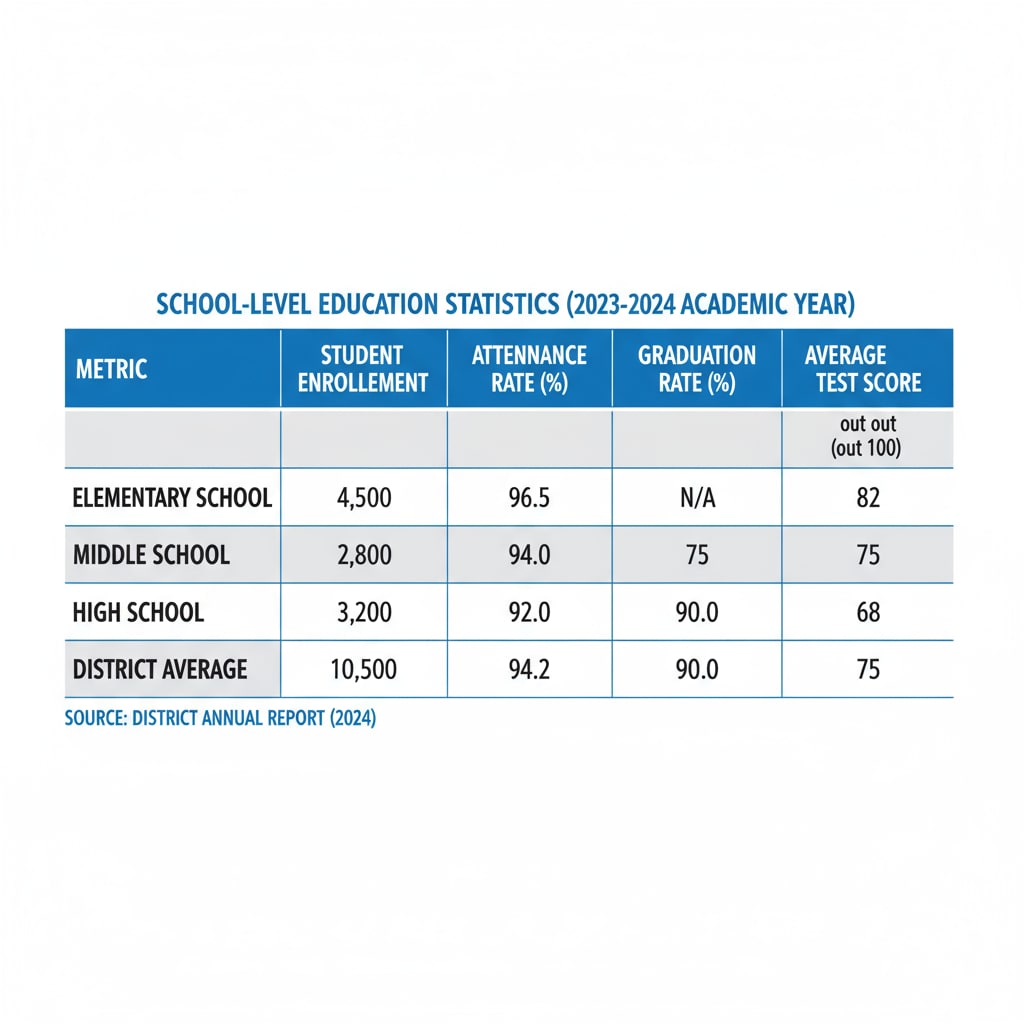 A table displaying various school-level education statistics such as student enrollment, attendance rates, and academic performance. Table of school statistics related to education data