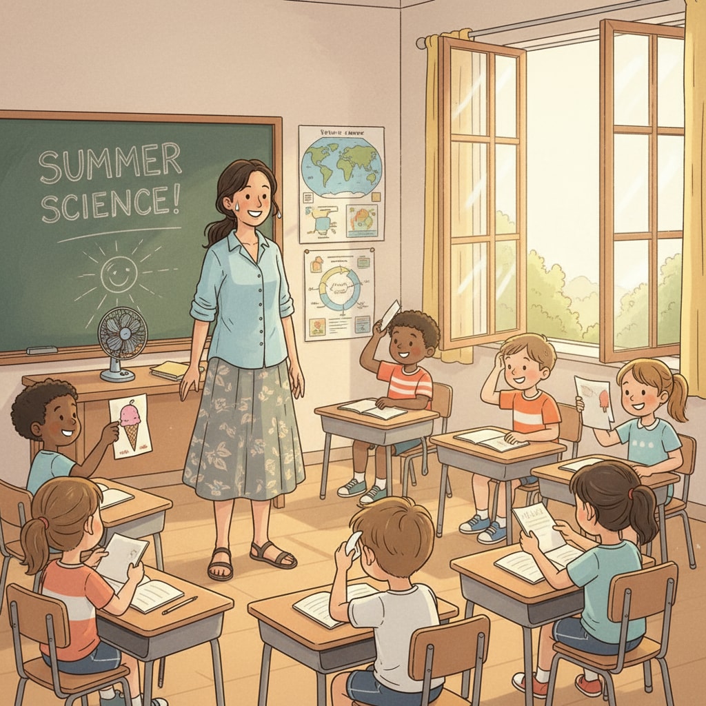 A teacher is standing in front of a classroom full of students. The day is hot, and the teacher is dressed in comfortable and appropriate clothing. A teacher dressed appropriately in a hot classroom without air conditioning
