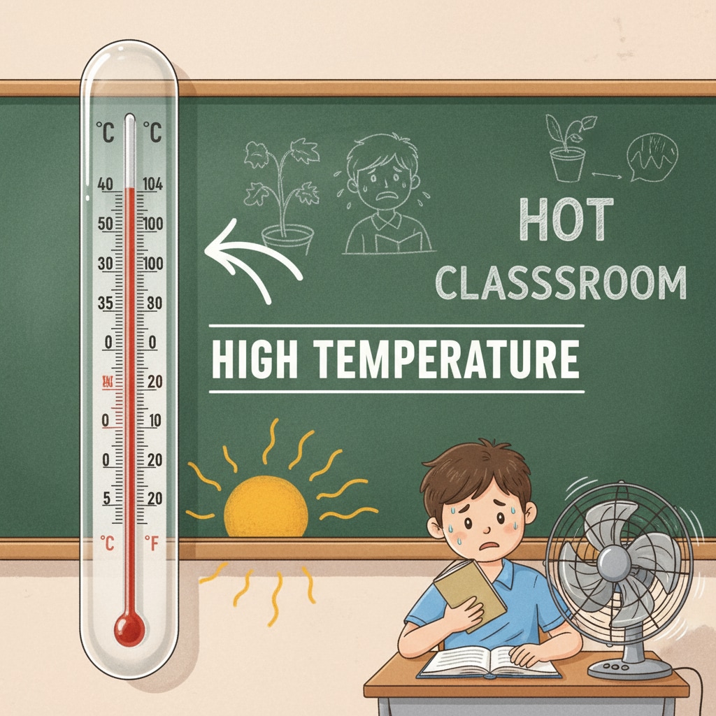 A thermometer is showing a high temperature inside a classroom, indicating the hot environment. Thermometer showing high temperature in a classroom without air conditioning