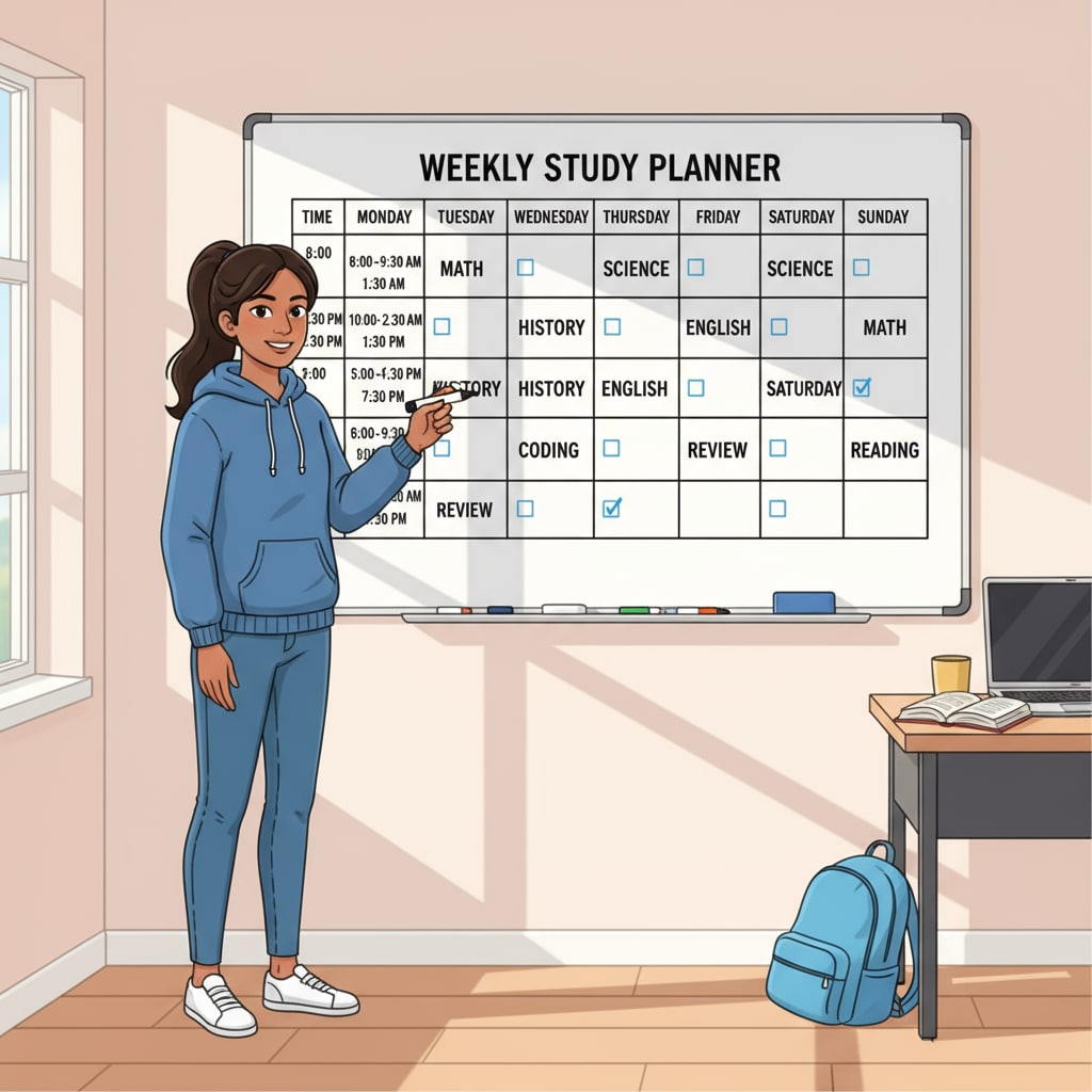 A student is standing in front of a whiteboard with a study schedule written on it. The schedule has different time slots allocated for various subjects. Student looking at a study schedule to manage time for 90% scores