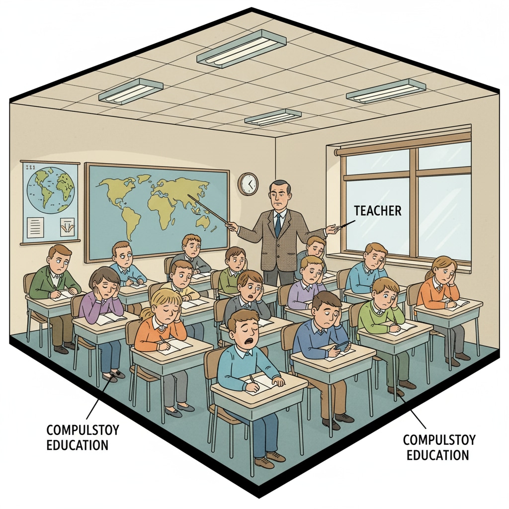 A classroom scene where students seem unengaged in a compulsory learning environment Students lacking engagement in a compulsory education classroom