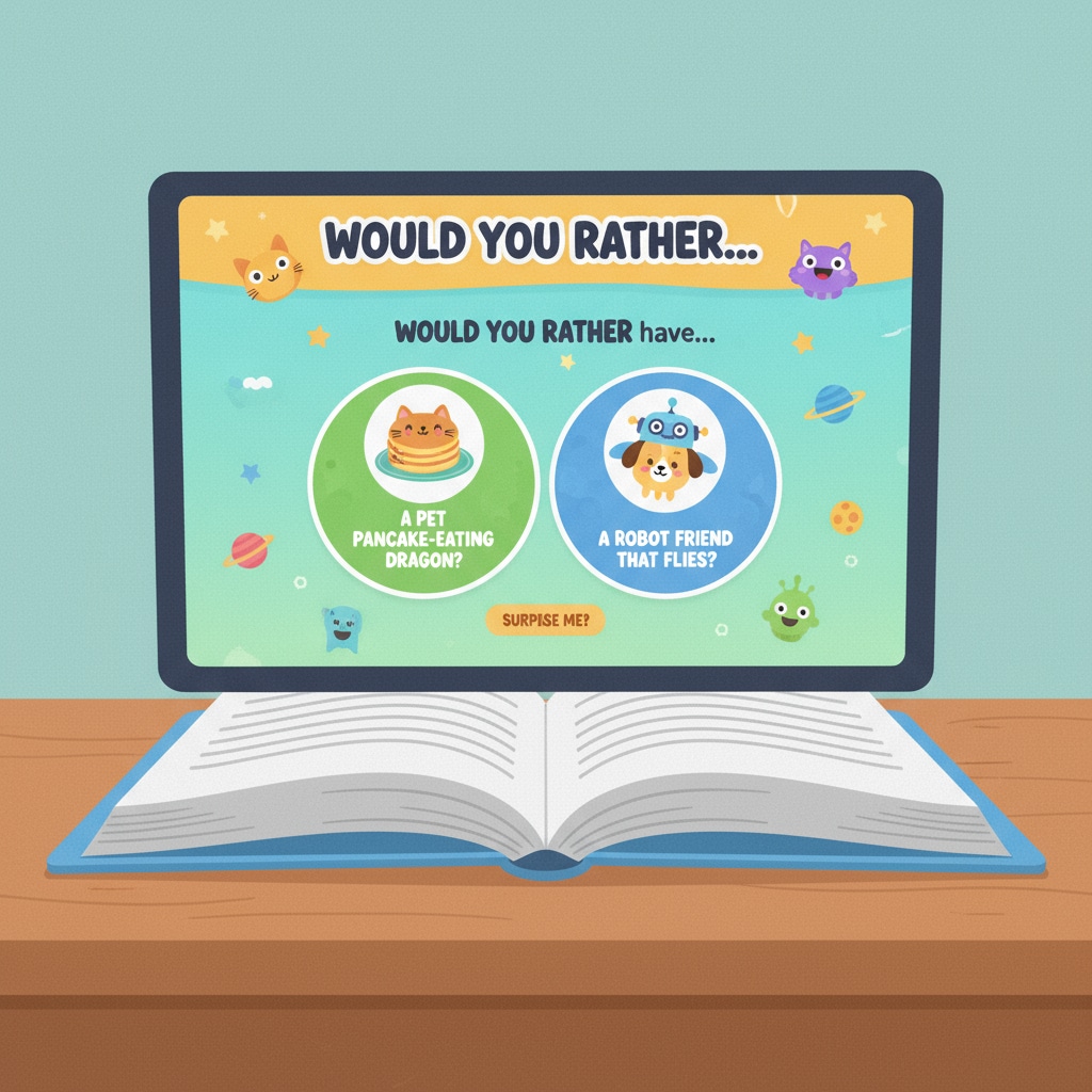 A screenshot of the colorful and kid-friendly interface of the Would You Rather for Kids website, showing various question options. Kid-friendly interface of the Would You Rather educational game website with question options