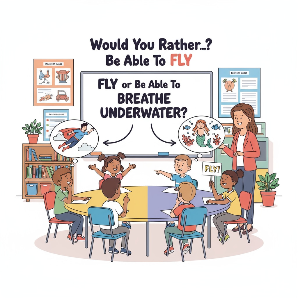Children in a classroom, actively discussing their choices from a would you rather question, looking engaged and excited. Children in classroom discussing would you rather questions for educational purposes