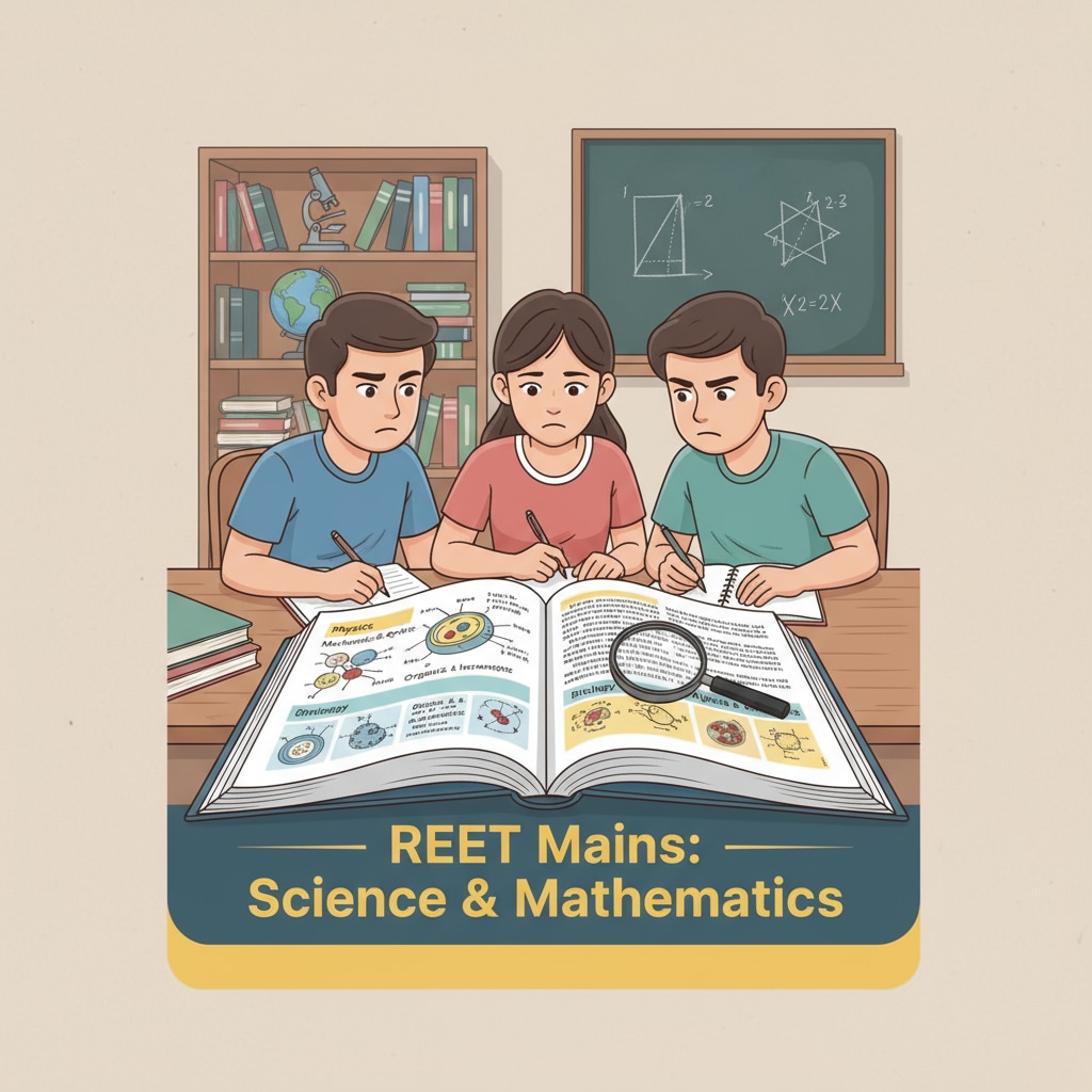 Students are seen poring over science and math textbooks, with an open book showing relevant concepts for the REET Mains exam, indicating their focus on preparation. Students studying science and math textbooks for REET Mains exam