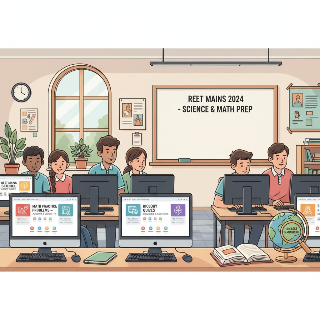 Students are sitting in front of computers, navigating through online platforms, accessing various test resources related to REET Mains science and math. Students using online platforms to access REET Mains test resources