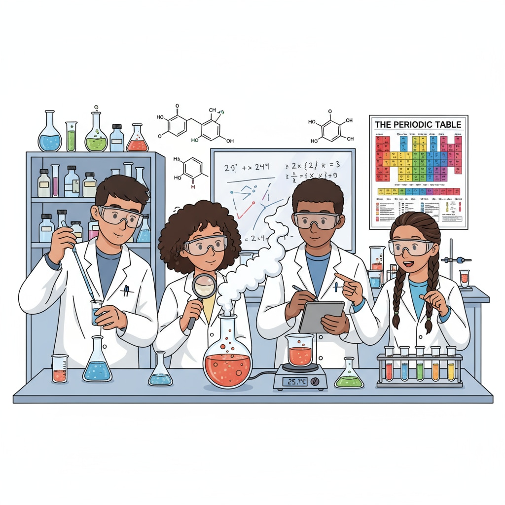 A group of students are conducting chemistry experiments in a laboratory. They are carefully measuring chemicals, observing reactions, and recording data, showing the enthusiasm and exploration in the process of learning chemistry. K12 students exploring chemistry through experiments, related to chemistry jobs, degree choices, and research interests