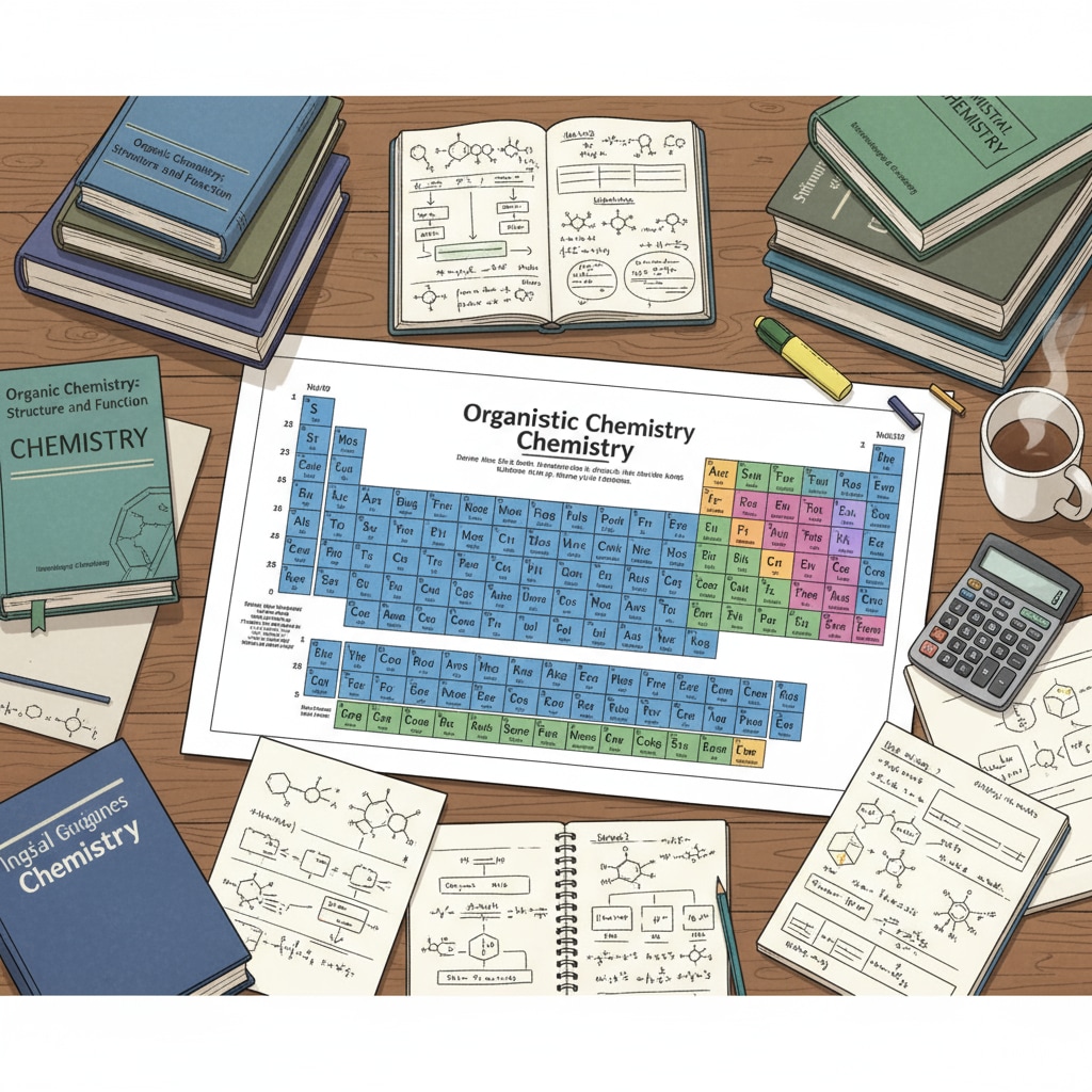 A student is sitting at a desk, looking intently at a periodic table while surrounded by chemistry textbooks and notes, indicating the dedication to studying for a chemistry degree. A student studying for a chemistry degree, relevant to chemistry jobs, degree choices, and research interests