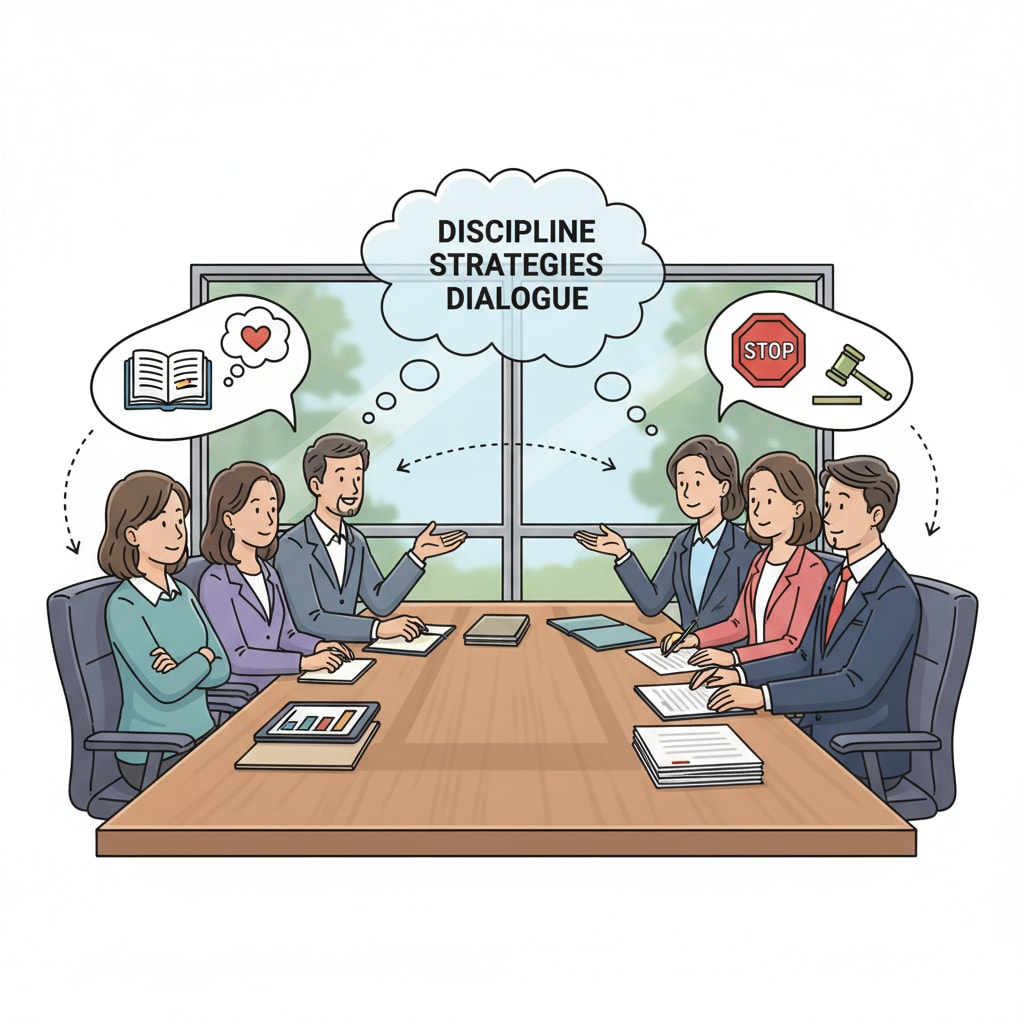 An illustration showing parents and school administrators engaged in a discussion about different discipline approaches, with both parties expressing their views. Illustration of parents and school administrators discussing school discipline, parental demands, and restorative practices
