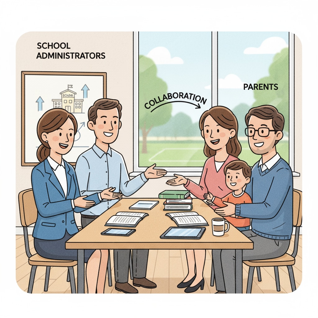 A picture depicting school administrators and parents having a positive conversation, with smiles and open body language indicating a harmonious interaction. Image of school administrators and parents engaged in positive communication regarding school discipline, parental demands, and restorative practices
