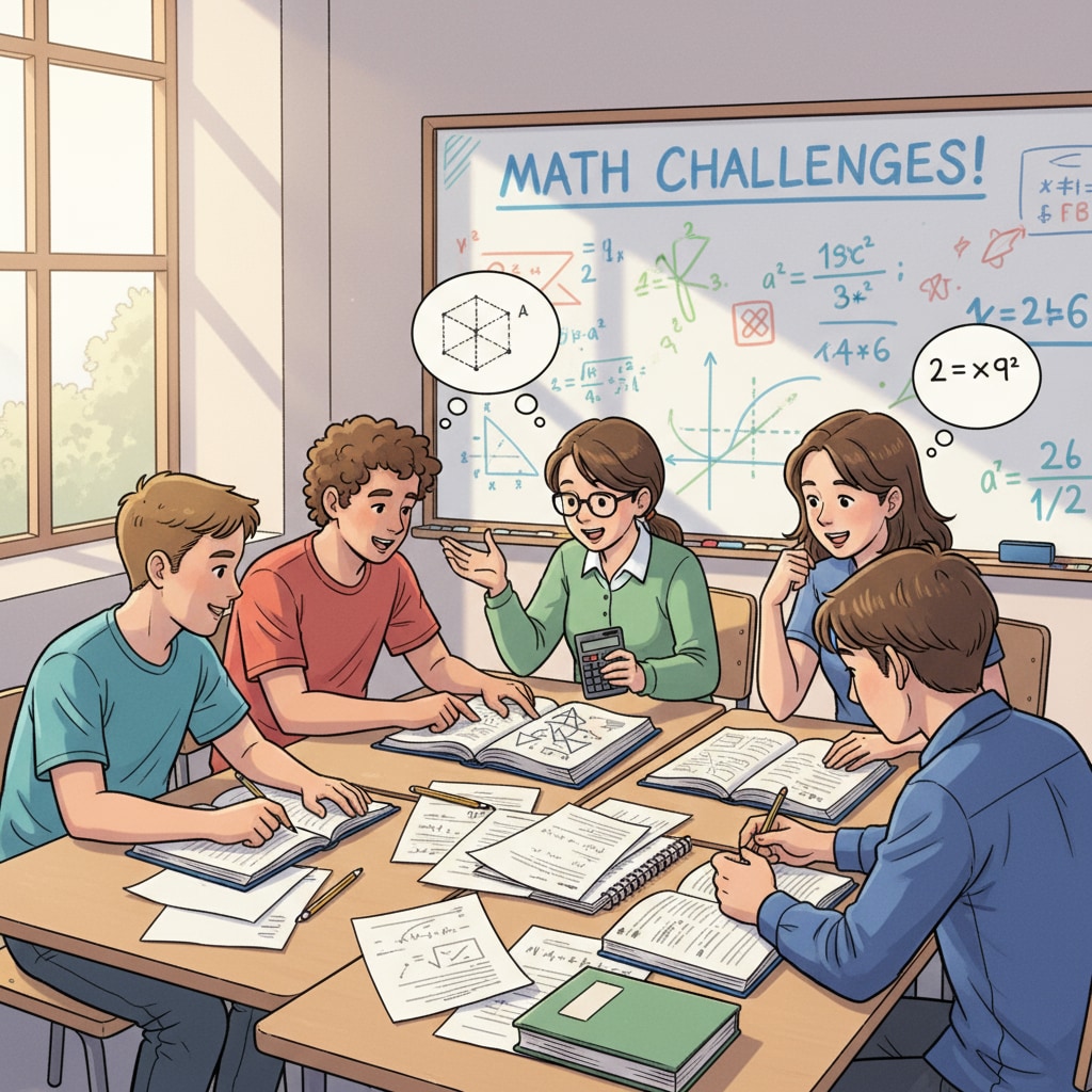 A group of high school students are engaged in a lively discussion about math problems in a classroom setting, with books and notebooks spread out on their desks. High school students discussing calculus and parental expectations in a classroom