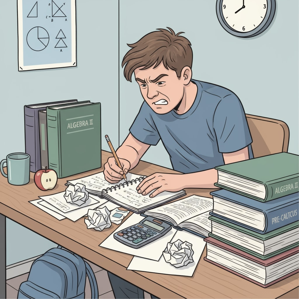 A high school student is sitting at a desk, looking stressed as they try to complete math homework, with a calculator and textbooks beside them. Stressed high school student due to parental expectations regarding calculus