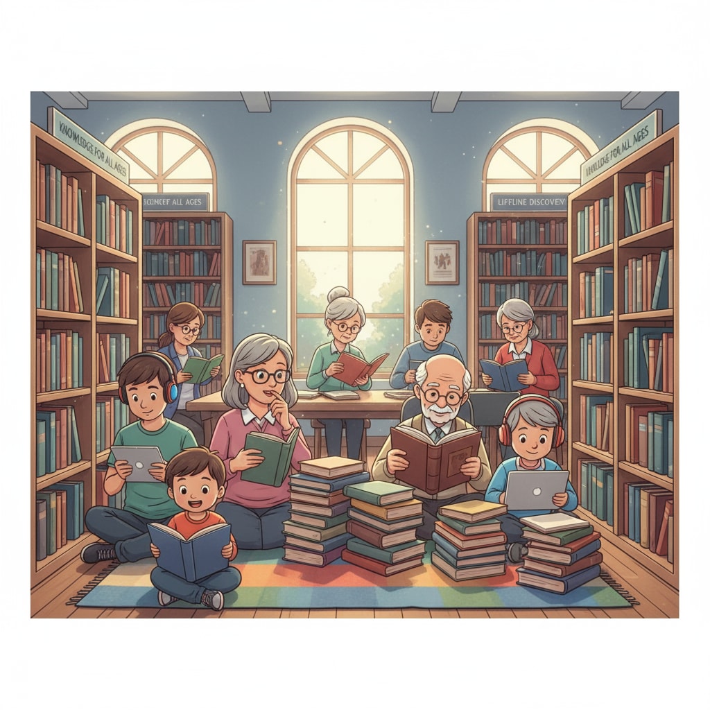 A group of people of different ages reading books in a library, which visually represents the idea that people of all ages are engaged in the process of learning, highlighting the concept of lifelong learning. People of different ages engaged in lifelong learning in a library