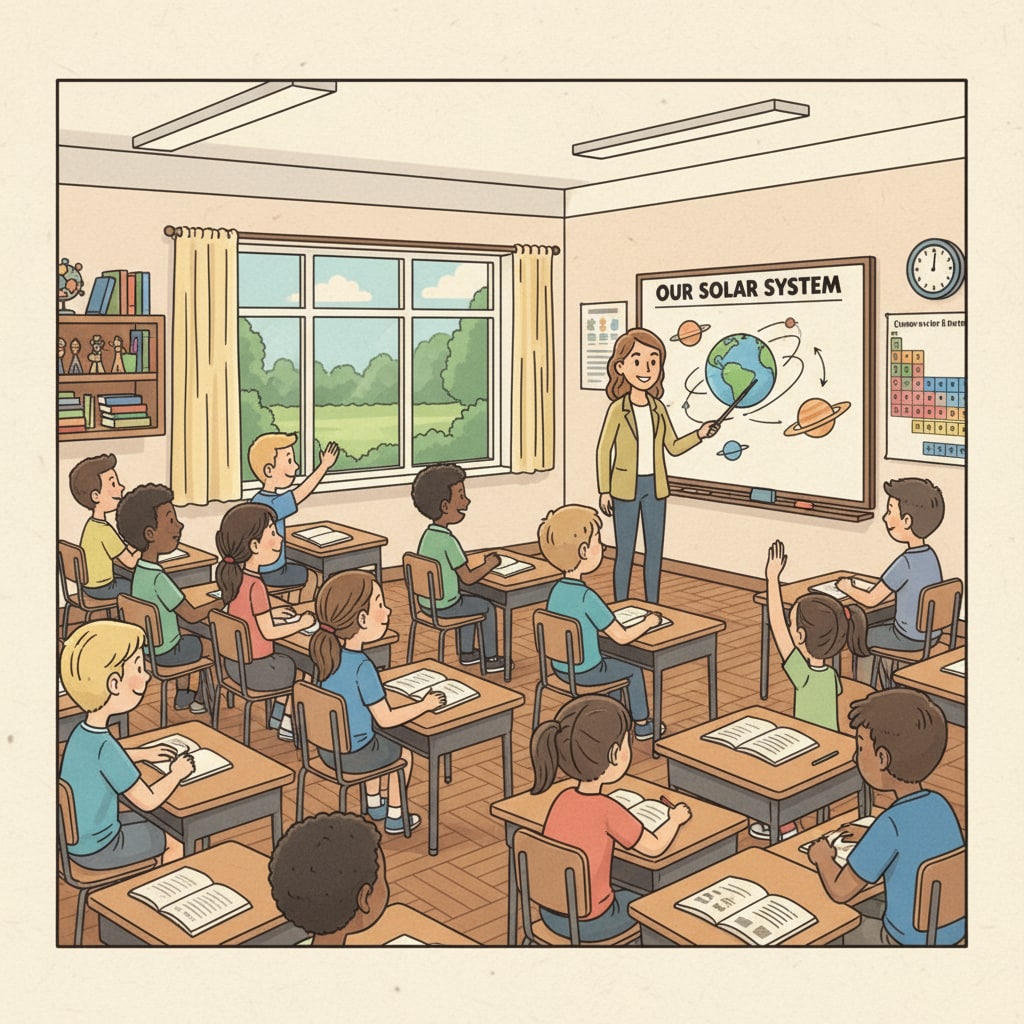 A classroom scene with students sitting at desks and a teacher standing in front, demonstrating the typical setup of a formal educational environment. A traditional formal education classroom setting