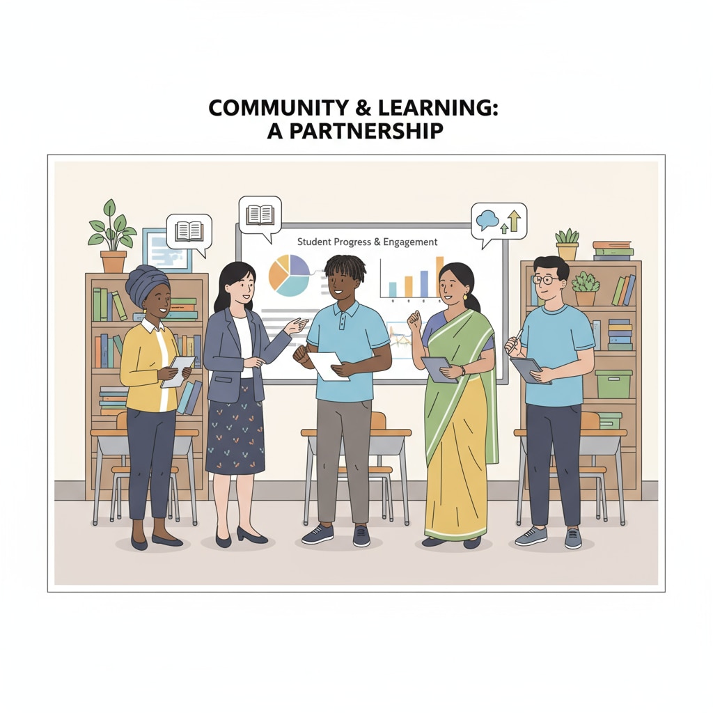 A group of non-white parents and teachers are having a discussion about educational matters in a school environment, showing the interaction related to educational engagement. Non-white parents and teachers discussing educational engagement in a school setting