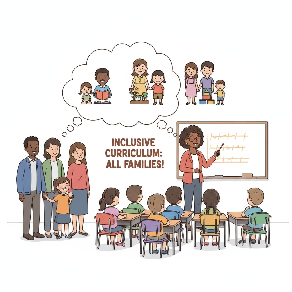 A classroom scene with students from different ethnic backgrounds and a teacher, emphasizing the requirement for an inclusive curriculum to engage non-white parents. Classroom with diverse students and teacher highlighting the need for inclusive curriculum for non-white parents' engagement