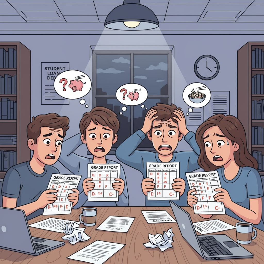 A group of students are gathered around a table, looking at their grade reports with worried expressions on their faces, highlighting the stress associated with university grades. Students worried about their university grades related to future employment and graduation