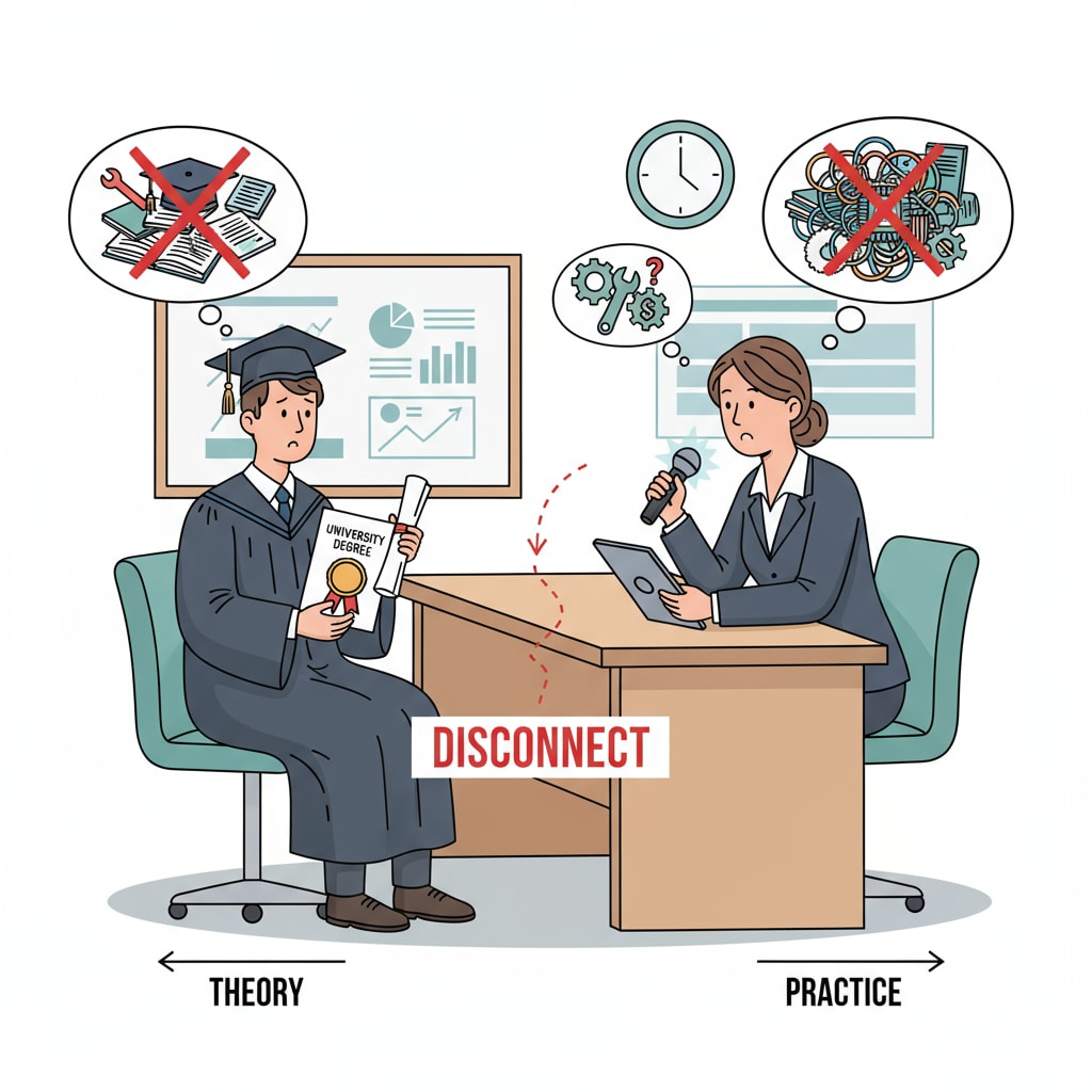 A graduate is sitting in a job interview room, holding a diploma, looking confused as the interviewer asks questions, symbolizing the disconnect between university learning and job requirements. A graduate facing difficulties in job interviews due to the gap between university knowledge and workplace needs related to graduation and employment