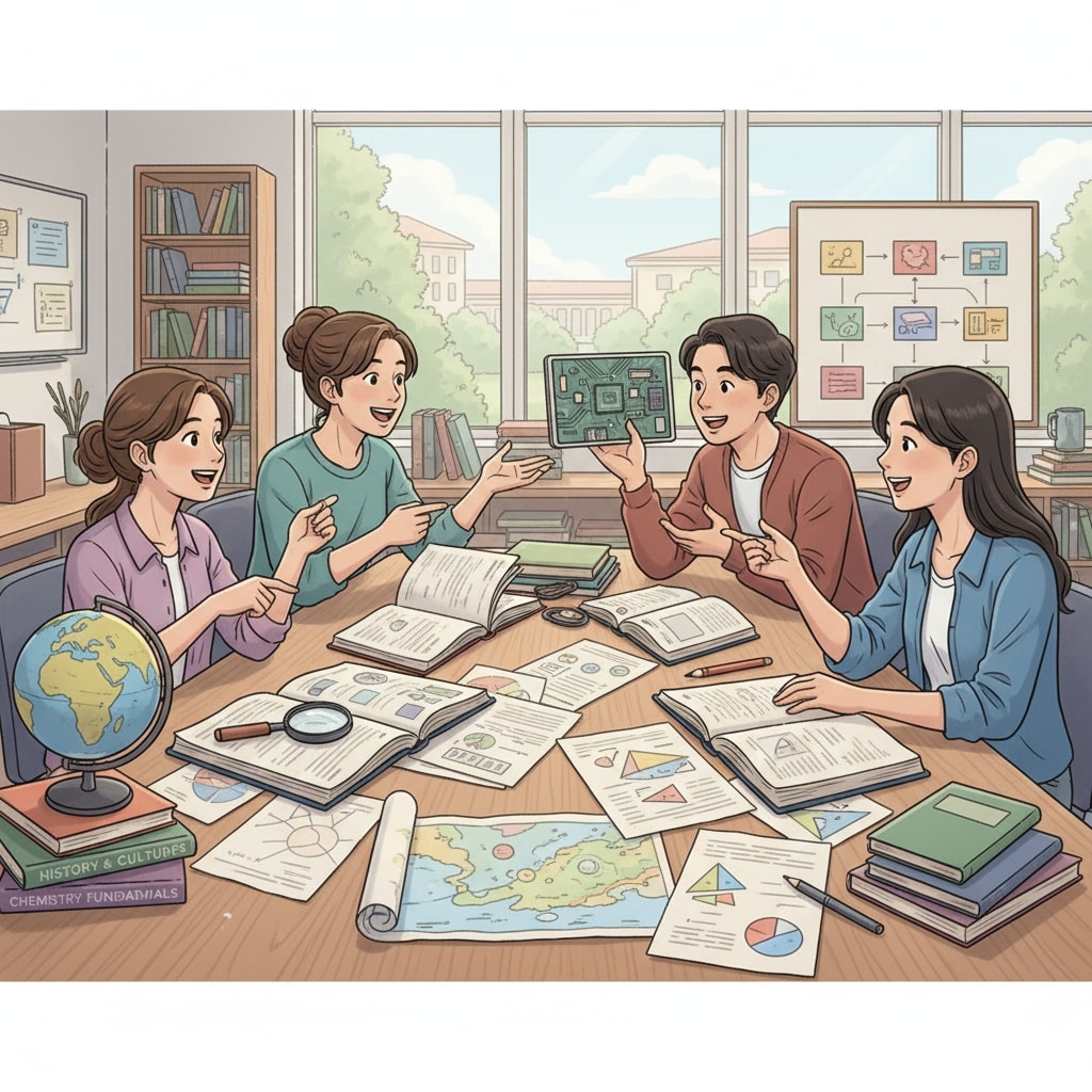 A group of students are having an animated discussion about different subjects in a classroom setting, with books and papers spread out on the table, showing their enthusiasm for learning various disciplines. Students discussing multidisciplinary knowledge in a classroom as part of their personal learning plan