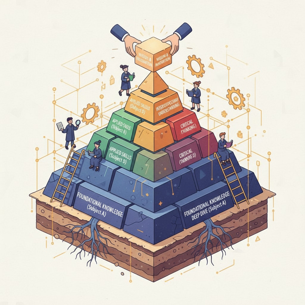 An illustration showing a student constructing a knowledge pyramid. The base of the pyramid is wide and deep in one subject area, representing in-depth learning. As the pyramid rises, it branches out to other areas, symbolizing the expansion of knowledge breadth. Illustration of a student building a knowledge pyramid for personalized learning following the depth-first, breadth-follow concept
