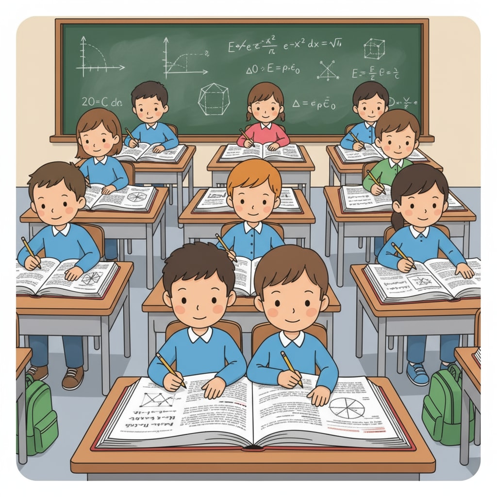 A classroom scene shows students sitting at desks, poring over advanced math textbooks, with equations and diagrams visible on the pages. Students studying advanced mathematics in a classroom setting related to mathematics education, practicality, and advanced mathematics