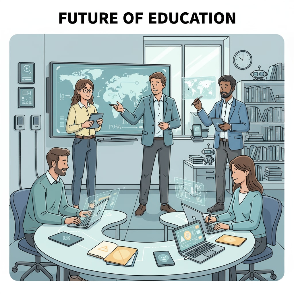 A group of teachers using digital devices in a modern classroom, showing the use of technology in education. Teachers using digital tools for teaching, related to teaching tools, time management, and AI-assisted teaching