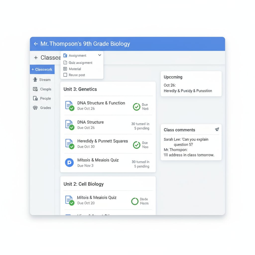 A screenshot of Google Classroom interface, displaying its features for assignment management and communication. Google Classroom interface, demonstrating a useful teaching tool for time management and AI-assisted teaching