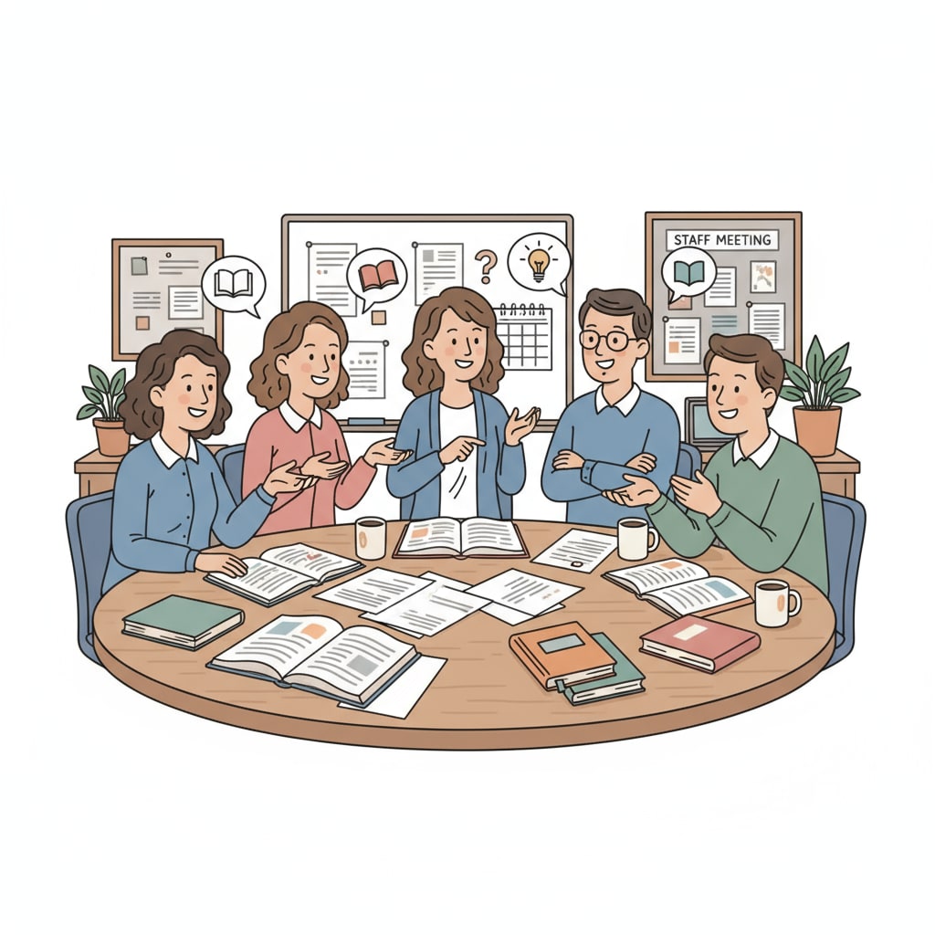 A group of K12 educators are engaged in a lively discussion in the staff room, sharing their thoughts and experiences. K12 educators discussing work support and job satisfaction in a staff room