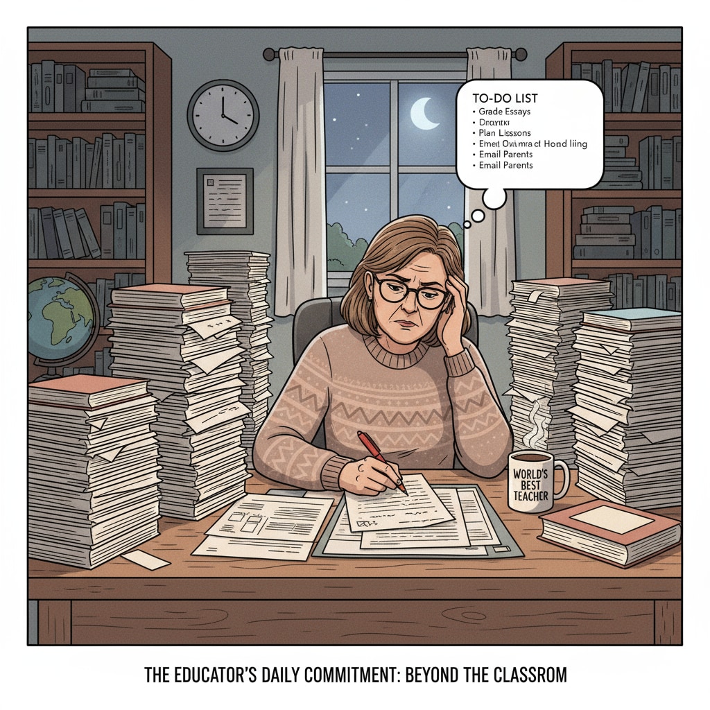 An educator is sitting at a desk, grading papers with a concentrated expression, showing the daily workload they face. An educator grading papers, related to work support and job satisfaction