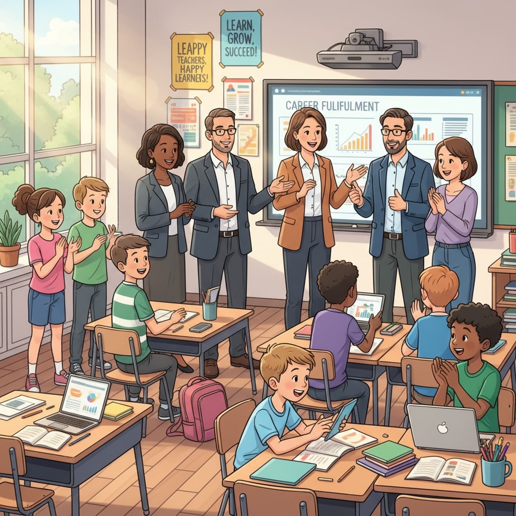 A group of happy educators and students are interacting in a classroom, indicating a positive educational environment related to job satisfaction. Happy educators and students in a classroom, related to work support and job satisfaction