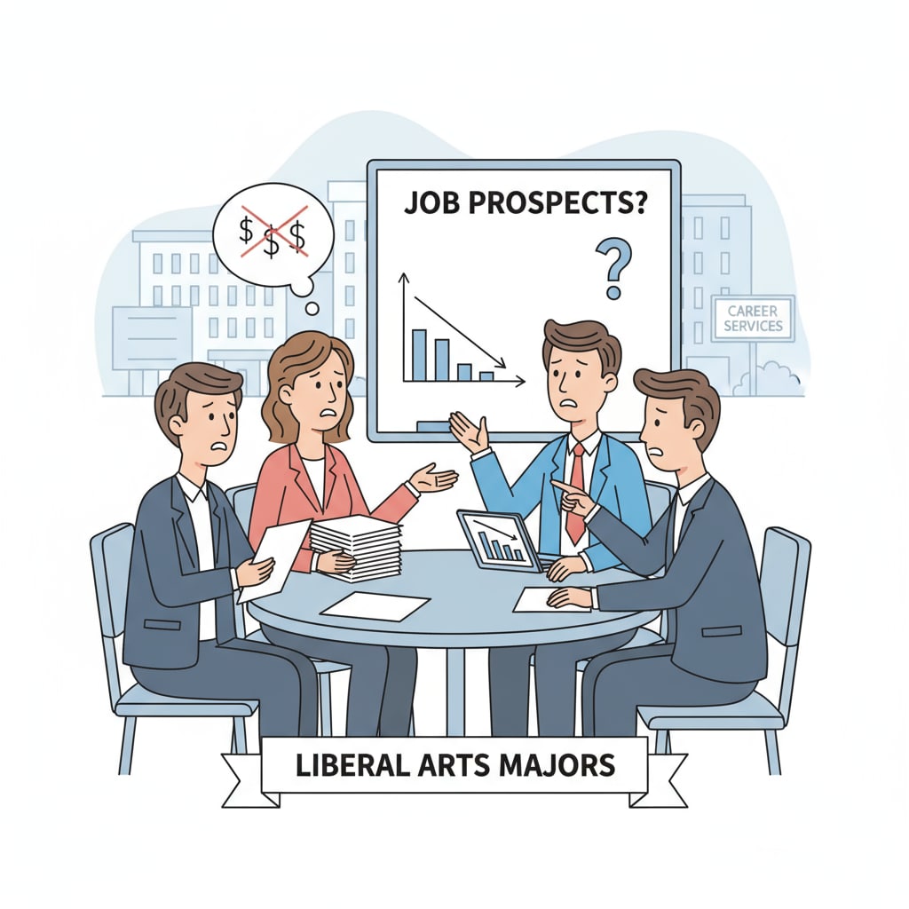 A group of liberal arts graduates looking concerned while discussing job prospects. Liberal arts graduates facing employment dilemmas and considering career planning.