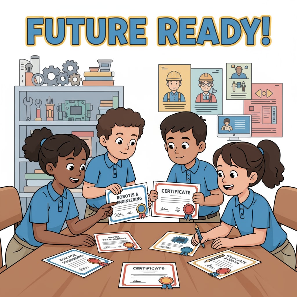 A group of K12 students looking at vocational certificates with curiosity, sitting around a table and examining the certificates carefully. K12 students exploring vocational certificates related to employment preparation and educational value