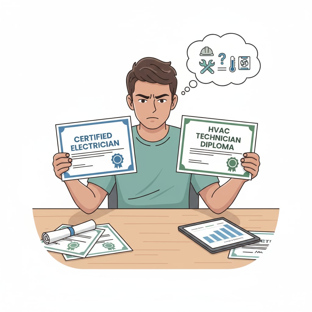 A student comparing different vocational certificates, holding two certificates in hands and looking at them closely. Student evaluating the value of vocational certificates for employment and education