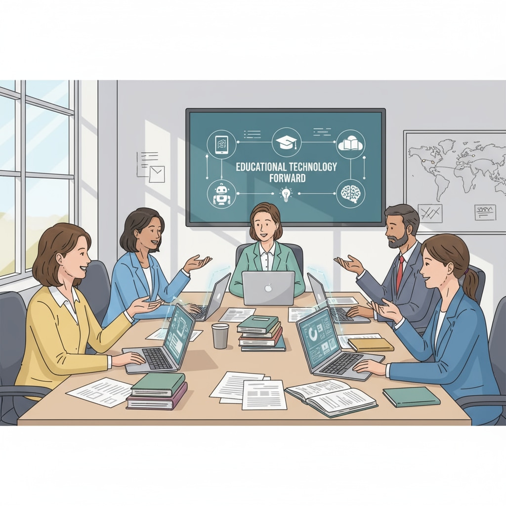 A group of teachers are engaged in a discussion about educational technology in a meeting room, with laptops and papers on the table. Teachers discussing educational technology to reduce workload and improve efficiency