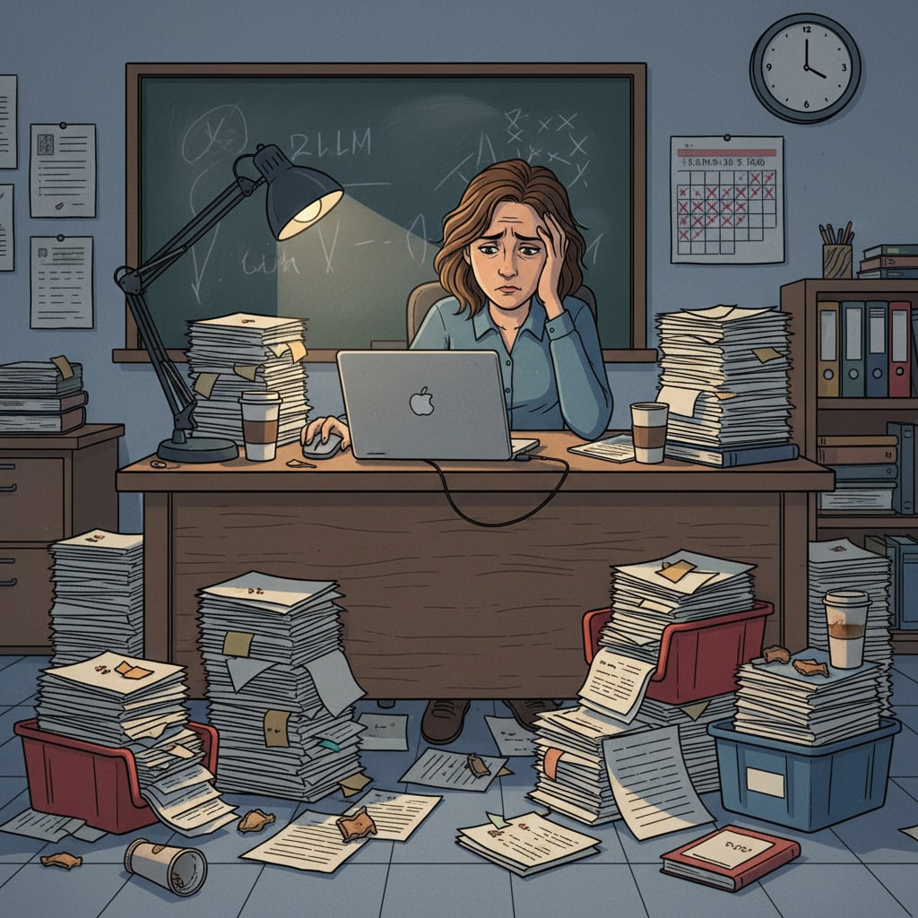 A teacher is sitting at a desk, looking stressed with piles of papers and a laptop open, representing the heavy workload. Teacher facing heavy workload and integrating educational technology for efficiency