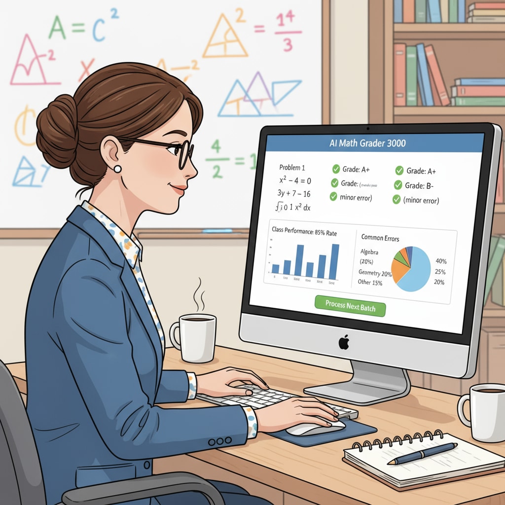 A teacher is shown sitting in front of a computer, using an AI math grading software interface. The screen displays math problems and grading results. A teacher using an AI math grading tool to enhance work efficiency.
