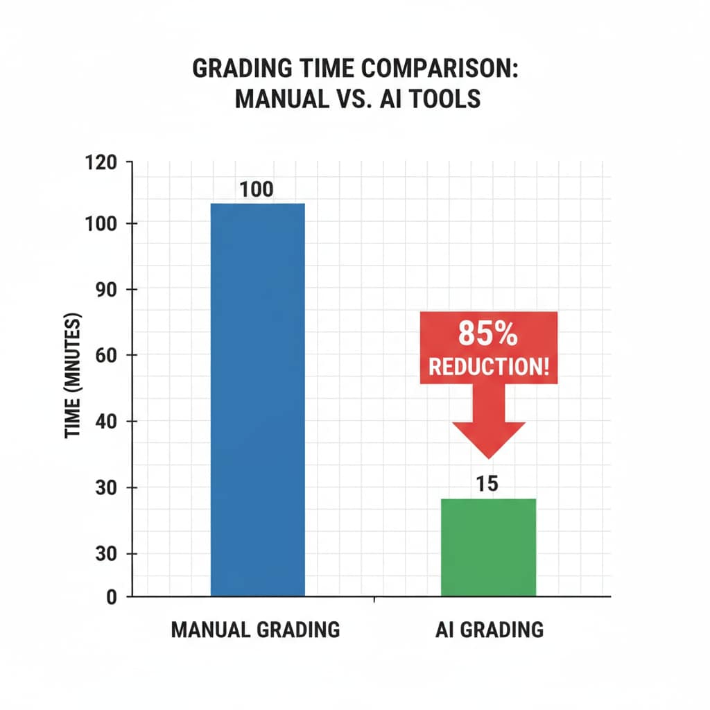 A bar graph comparing the time taken for manual math grading and grading with AI tools. The bars clearly show a significant reduction in time with AI. Graph showing the impact of AI math grading tools on teachers' work time and efficiency.