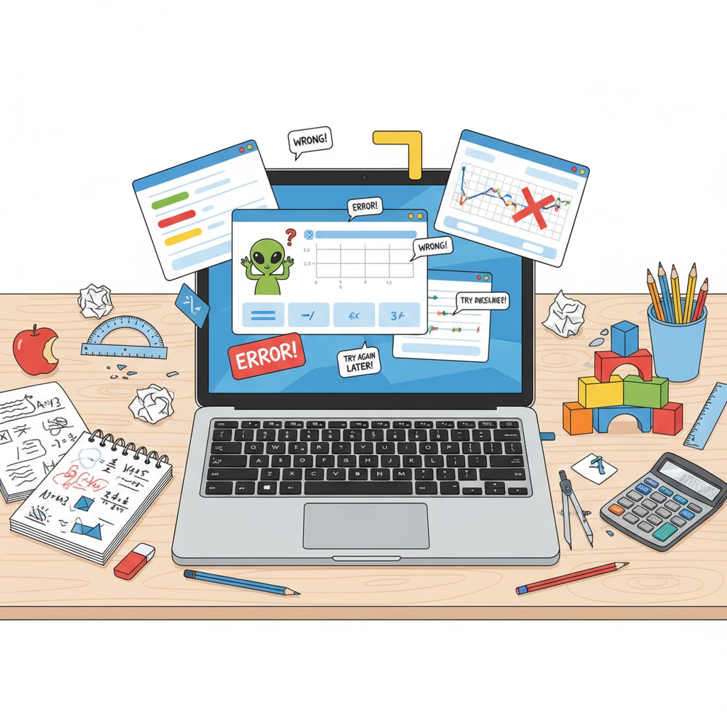 A Chromebook is shown with a digital learning interface that appears disorganized, with math learning materials scattered about. A Chromebook with a disorganized math learning interface on a digital platform
