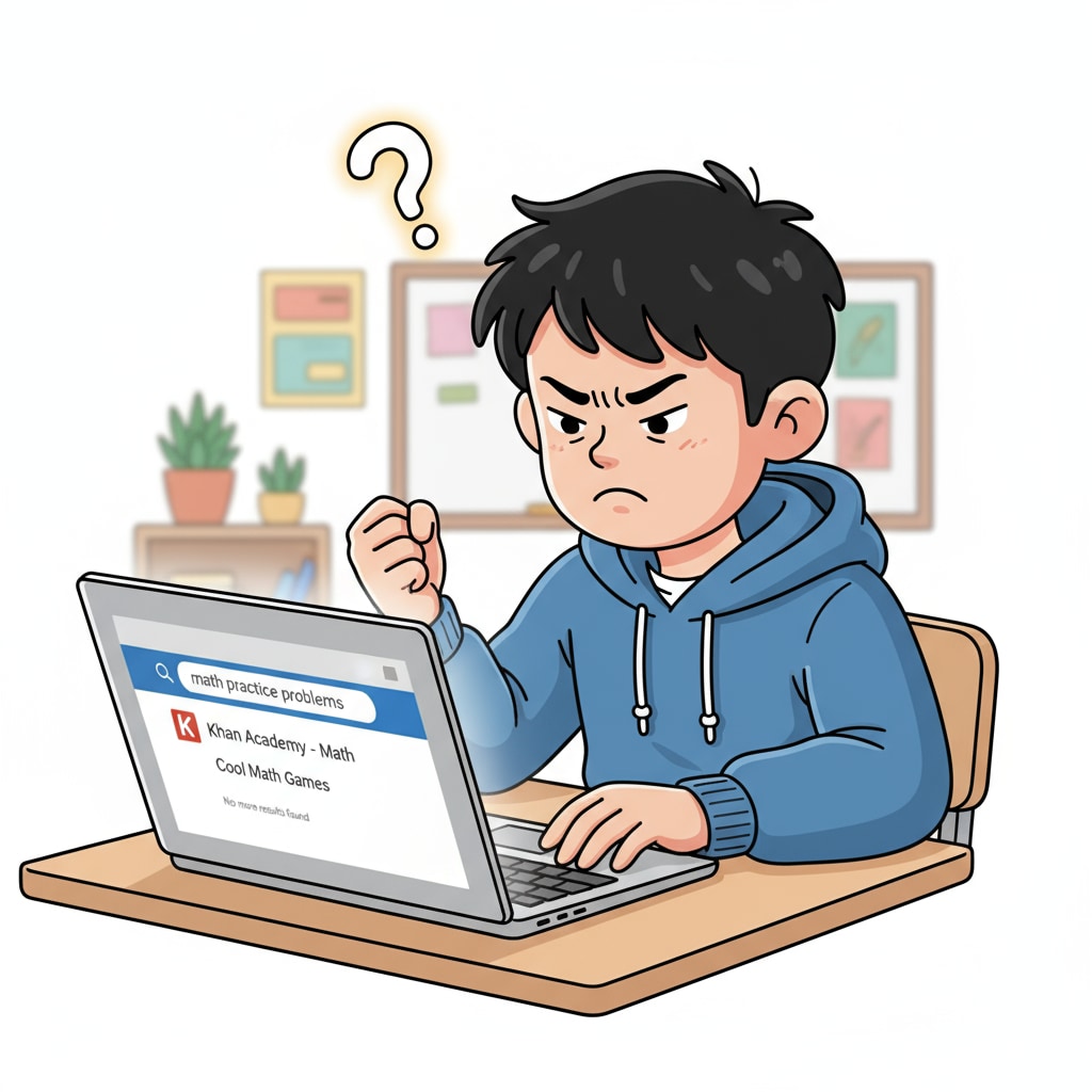 A young student is sitting at a desk, looking frustrated while using a Chromebook. The screen shows a search page for math practice problems with limited results. A student looking frustrated while using a Chromebook to search for more math practice problems