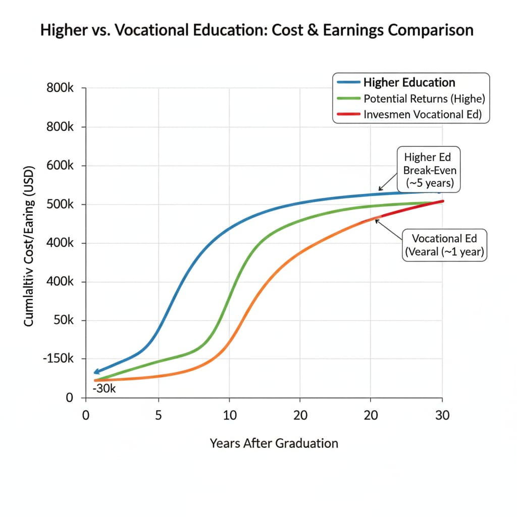 A graph comparing the investment in higher education (including tuition, living expenses, etc.) and the potential returns (salary levels over time) with that of vocational education. Comparison of higher education and vocational education investment and returns