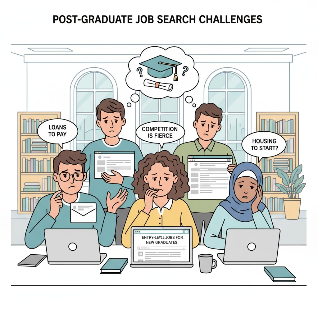 A group of young people looking concerned while using laptops to search for job opportunities after graduating from university. University graduates searching for jobs