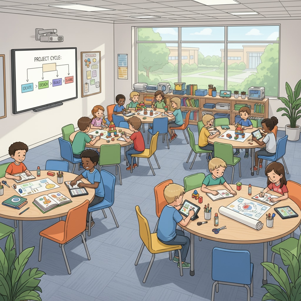 A modern school classroom with an open layout, tables and chairs arranged in groups, and students collaborating on projects, discussing ideas, and sharing materials. An open-layout classroom for promoting entrepreneurial spirit and practical learning in K-12 education