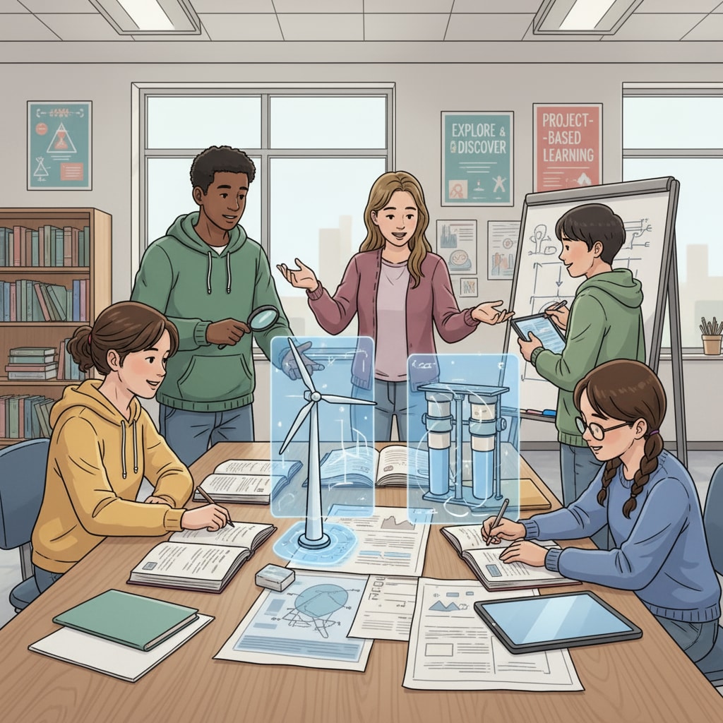 A group of students gathered around a table, working on a project-based learning activity. They are looking at diagrams, discussing solutions, and writing notes. Students engaged in project-based learning to enhance entrepreneurial spirit and practical learning in K-12 education
